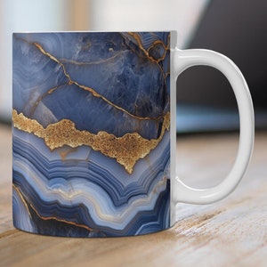 Blauer Marmor Keramikbecher, Blauer Weißer & Gold Achat Kaffeetasse, Blauer Geode Becher, modernes Design Teetasse, Geologie Becher, Blauer Achat Tasse