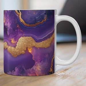 Purple Agate Geode Design Ceramic Mug, Purple & Gold Marbled Coffee Cup, Beautiful Bright Crystal Mug, Geologist Mug, Amethyst Mug