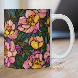 Faux Stained Glass Flowers Ceramic Mug, Printed Stained Glass Style Floral Design, Pink Flowers Coffee Mug, Flower Garden Lover Gift Mug