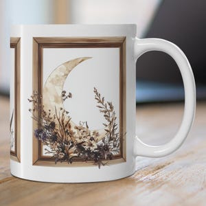 Vintage Crescent Moon & Wildflowers Mug, Floral Wiccan Moon Coffee Cup, Witchy Gothic Teacup Gift, Bohemian Moon Celestial Ceramic Mug