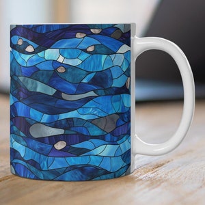 Beautiful Ocean Themed Faux Stained Glass Mug, Seaside Pattern Ceramic Mug, Ocean Waves & Rocks Coffee Cup, Coastal Beach House Decor
