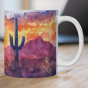Aquarell Wüste Sonnenuntergang Keramik Becher, schöne Wüstenlandschaft Kaffeetasse, bunte Wüste Landschaft Becher, Wüstenkaktus Becher, Südwesten Dekor