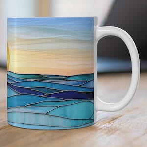 Ocean Sunrise Ceramic Mug, Stained Glass Style Blue Waves Coffee Cup, Colorful Seaside Teacup, Beach Lover Gift Mug, Nautical Decor Mug