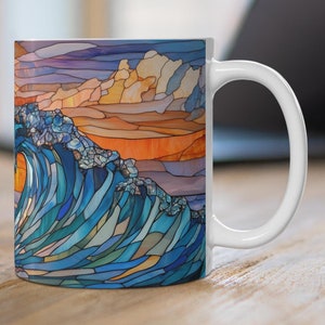 Stained Glass Style Ocean Sunset Mug, Colorful Sunset Coffee Cup, Beautiful Blue Ocean Wave Ceramic Mug, Coastal Beach House Decor