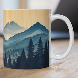 Beautiful Blue Mountain Pines Ceramic Mug, Mountain Range Coffee Cup, Mountain Landscape Teacup, Pine Forest Nature Mug, Rustic Cabin Mug