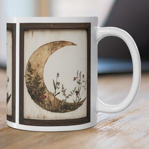 Rustic Crescent Moon & Wildflowers Ceramic Mug, Floral Wiccan Moon Coffee Cup, Witchy Gothic Teacup, Dark Vintage Celestial Mug Gift