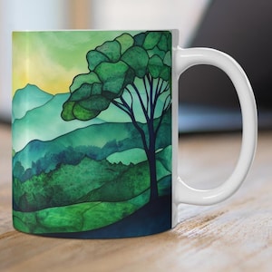 Stained Glass Style Mountain Landscape Mug, Beautiful Green Nature Scenery Coffee Cup, Watercolor Mountains & Trees Ceramic Mug, Nature Mug