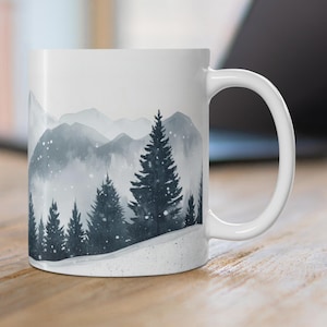 Watercolor Mountains Mug, Mountain Trees Coffee Cup, Winter Scenery Ceramic Mug, Snowy Evergreens Tea Cup, Nature Inspired Mug, 11 & 15 oz
