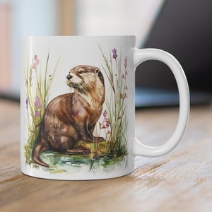 Watercolor River Otter Mug, Beautiful Otter Ceramic Mug, Otter by Pond Coffee Cup, Otter Lover Gift, Otter Enthusiast Mug, Otter Present