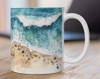 Beautiful Beach Mug, Beach Waves Coffee Cup, Beach Shore Ceramic Mug, Blue Ocean Waves Mug, Beach Lover Gift, Beach House Decor, 11 & 15 oz
