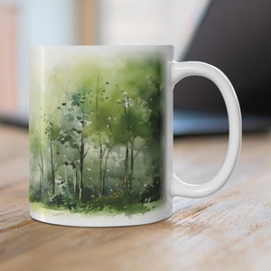 Beautiful Watercolor Green Trees Ceramic Mug, Tree Lover Gift, Forest Coffee Cup, Nature Inspired Mug, Watercolor Forest Mug, 11 & 15 oz