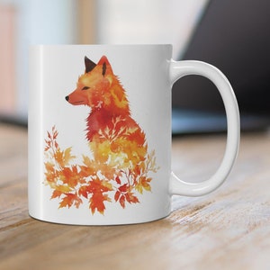 Watercolor Autumn Fox Mug, Orange Fox Coffee Cup, Beautiful Fox Ceramic Mug, Red Fox Tea Cup, Fox Lover Gift, Fall Decor, Fall Leaves Mug