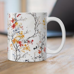 Boho Autumn Flowers Coffee Cup, Beautiful Boho Fall Flowers Ceramic Mug, Fall Leaves Tea Cup, Colorful Autumn Leaves Mug, Fall Decor
