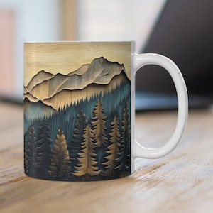Taza de cerámica con paisaje de bosque, taza de café rústica con estampado de pinos de montaña, taza de té con paisaje de montaña, taza con imitación de madera tallada, elige tu diseño