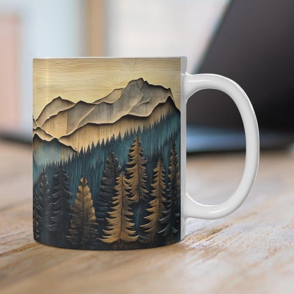 Forest Landscape Ceramic Mug, Rustic Mountain Pines Printed Coffee Cup, Mountain Scenery Teacup, Faux Carved Wood Mug, Choose Your Design