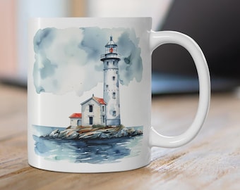 Watercolor Lighthouse Ceramic Mug, Beautiful Nautical Coffee Cup, Coastal Mug, Ocean Mug, Lighthouse Enthusiast Gift, Beach House Decor