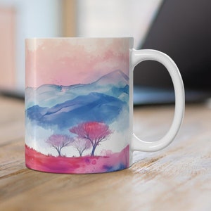 Colorful Mountain Landscape Mug, Misty Mountain Range and Trees Coffee Cup, Artistic Nature Inspired Ceramic Mug, Blue Mountains Pink Trees