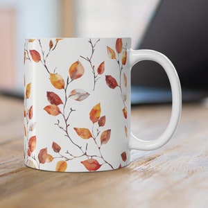 Beautiful Autumn Leaves Mug, Watercolor Fall Leaves Ceramic Mug, Red Orange Leaves Coffee Cup, Fall Gift, Autumn Mug, Boho Leaves