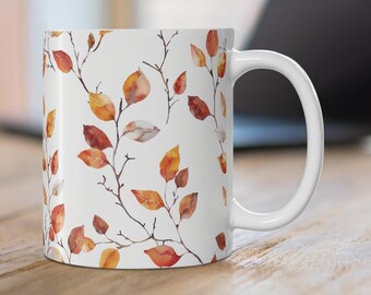 Beautiful Autumn Leaves Mug, Watercolor Fall Leaves Ceramic Mug, Red Orange Leaves Coffee Cup, Fall Gift, Autumn Mug, Boho Leaves