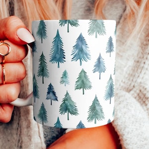 Watercolor Christmas Trees Mug, Christmas Evergreens Pattern Coffee Cup, Green Pines Ceramic Mug, Christmas Gift Mug, Winter Mug