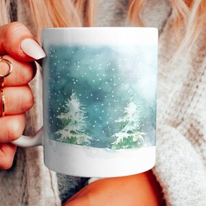Snowy Christmas Trees Mug, Watercolor Evergreens Coffee Cup, Beautiful Pines Ceramic Mug, Winter Decor, Christmas Cup, Winter Forest Mug