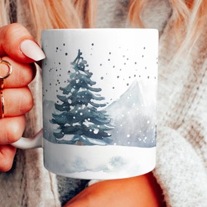 Snowy Evergreens Ceramic Mug, Winter Scenery Coffee Cup, White Christmas Mug, Christmas Trees Gift Mug, Festive Drinkware, Holiday Mug