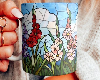 Faux Stained Glass Gladiolus Ceramic Mug, Beautiful Flowers Coffee Cup, Pretty Floral Teacup, Colorful Gladiolus Mug, Botanical Gift for Her