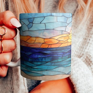Stained Glass Beach Sunset Ceramic Mug, Beautiful Ocean Horizon Sunset Coffee Cup, Blue Seaside Mosaic Beach House Decor, Nautical Teacup