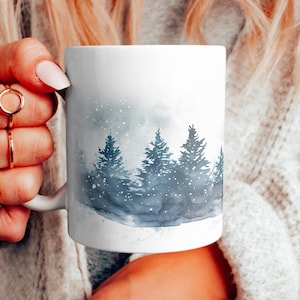 Snowy Evergreens Mug, Winter Trees Coffee Cup, Watercolor Christmas Trees Tea Cup, Snowy Trees Mug, Winter Themed Gift