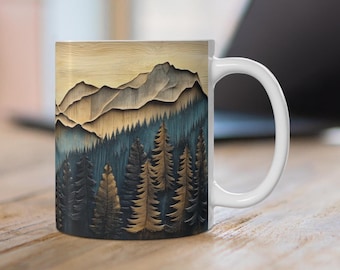 Carved Wood Style Mountain Range Ceramic Mug, Faux Layered Wood Mountains Coffee Cup