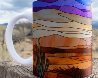 Faux Stained Glass Desert Scenery Mug, Beautiful Desert Landscape Ceramic Mug, Orange Rocks Cactus Coffee Cup, Southwestern Gift Mug