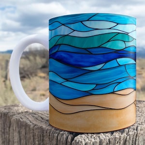 Faux Stained Glass Beach Shore Mug, Beach House Decor, Blue Ocean Waves Coffee Cup, Beach Lover Gift, Nautical Ceramic Mug, Coastal Teacup