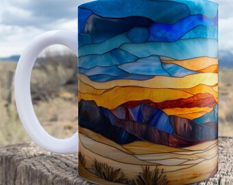 Colorful Faux Stained Glass Desert Mug, Desert Sunset Ceramic Mug, Western Style Desert Landscape Coffee Cup, Desert Sunrise Scenery Mug