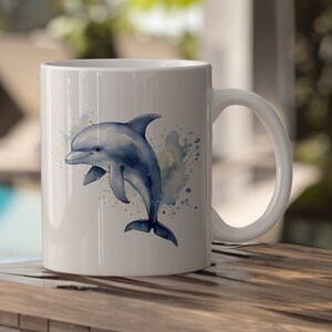 Watercolor Dolphin Ceramic Mug, Blue Dolphin Coffee Cup, Dolphin Lover Gift Mug, Dolphin Enthusiast Present, 11 oz & 15 oz