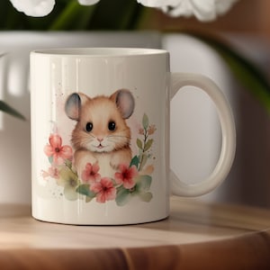 Watercolor Cute Mouse & Flowers Ceramic Mug, Adorable Mouse Coffee Cup, Floral Mouse Mug, Mouse Owner Mug, Microwave Safe, Dishwasher Safe