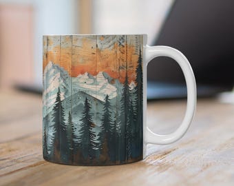Faux Layered Wood Mountains Ceramic Mug, Rustic Wooden Mountain Pines Printed Coffee Cup