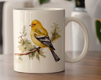 Watercolor Goldfinch Ceramic Mug, Yellow American Goldfinch Coffee Cup, Goldfinch Lover Mug, Goldfinch on Branch Mug, Bird Lover Gift Mug