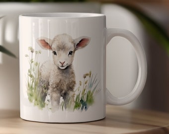 Cute Watercolor Lamb Ceramic Mug, Adorable White Lamb Coffee Cup, Lamb Tea Cup, Gift for Farmer, Lamb Lover Gift Mug, 11 oz & 15 oz