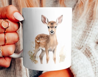 Cute Watercolor Fawn Ceramic Mug, Adorable Baby Deer Painting Mug, Watercolor Wildlife Coffee Cup, Nature Lover Tea Cup, 11 oz & 15 oz
