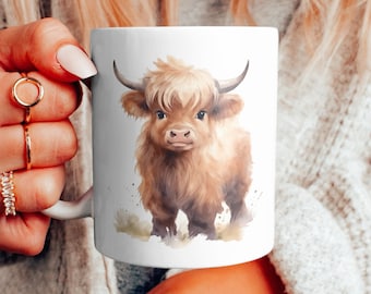 Cute Watercolor Yak Calf Ceramic Mug, Adorable Highland Cow Coffee Cup, Yak Baby Tea Cup, Yak Lover Gift Mug, Yak Enthusiast, 11 & 15 oz