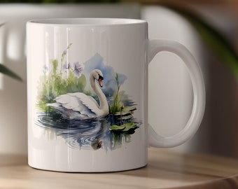 Elegant Watercolor Swan Ceramic Mug, Beautiful Swan Coffee Cup, Swan Lover Tea Cup, Bird Lover Mug, Animal Lover Gift, 11 & 15 oz
