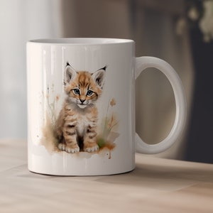 Cute Watercolor Lynx Kitten Ceramic Mug, Adorable Lynx Kitten Coffee Cup, Lynx Lover Tea Cup, Lynx Gift, Cute Baby Lynx Mug, 11 oz & 15 oz