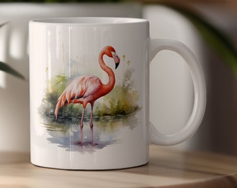 Watercolor Flamingo Pond Ceramic Mug, Beautiful Pink Flamingo in Pond Coffee Cup, Flamingo Lover Tea Cup, Flamingo Gift Mug, 11 & 15 oz