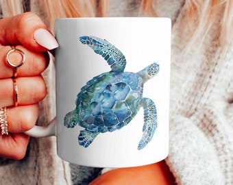 Watercolor Sea Turtle Ceramic Mug, Beautiful Blue Green Sea Turtle Coffee Mug, Turtle Lover Gift, Turtle Enthusiast Cup