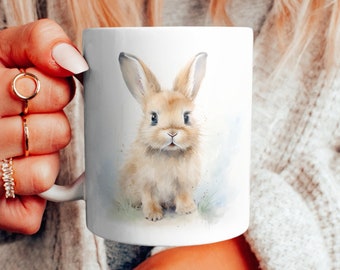 Niedliches Aquarell Kaninchen Keramikbecher, entzückende Häschenkaffeetasse, hübsche Kaninchenteetasse, Kaninchenliebhaber Becher, niedliches Kaninchengeschenk, Kaninchenbesitzer Becher
