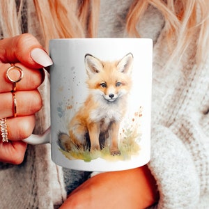 Cute Watercolor Fox Cub Ceramic Mug, Adorable Red Fox Coffee Cup, Watercolor Orange Fox Tea Cup, Fox Lover Gift, 11 & 15 oz