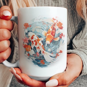 Watercolor Koi Fish Ceramic Mug, Japanese Koi Coffee Cup, Koi Pond Tea Cup, Koi Lover Gift, Beautiful Orange and White Koi Mug, 11 & 15 oz