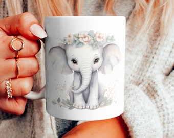 Cute Baby Elephant Flower Crown Watercolor Ceramic Mug, Adorable Elephant Calf with Flowers Coffee Cup, Elephant Lover Gift Mug, 11 & 15 oz