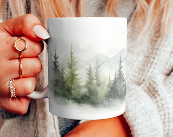 Watercolor Green Mountains and Trees Ceramic Mug, Snowy Mountain Forest Coffee Cup, Beautiful Nature Tea Cup, Winter Scenery Evergreens Mug