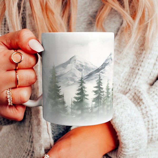 Snowy Mountains and Evergreens Ceramic Mug, Majestic Mountain Peaks and Trees Coffee Cup, Winter Tea Cup, Nature Scenery Gift, 11 & 15 oz